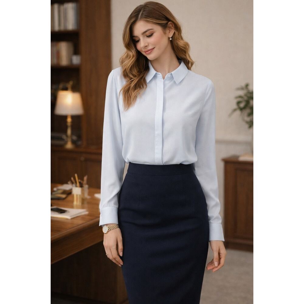 Premise Sheer Blouse – Blue | Size Large | NWT Officecore Preppy Polished